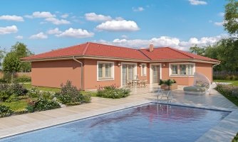 L-shaped bungalow with a hip roof.